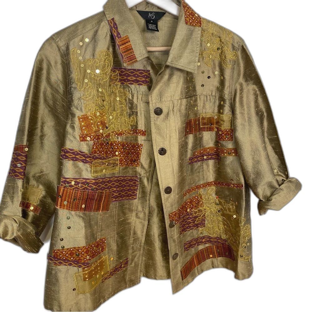 Ios Gold Sequin Silk Sequin Seashell Button Shirt… - image 2